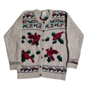 Vintage Northern Treasures Cardigan Sweater Womens Size M Floral Birds Nature